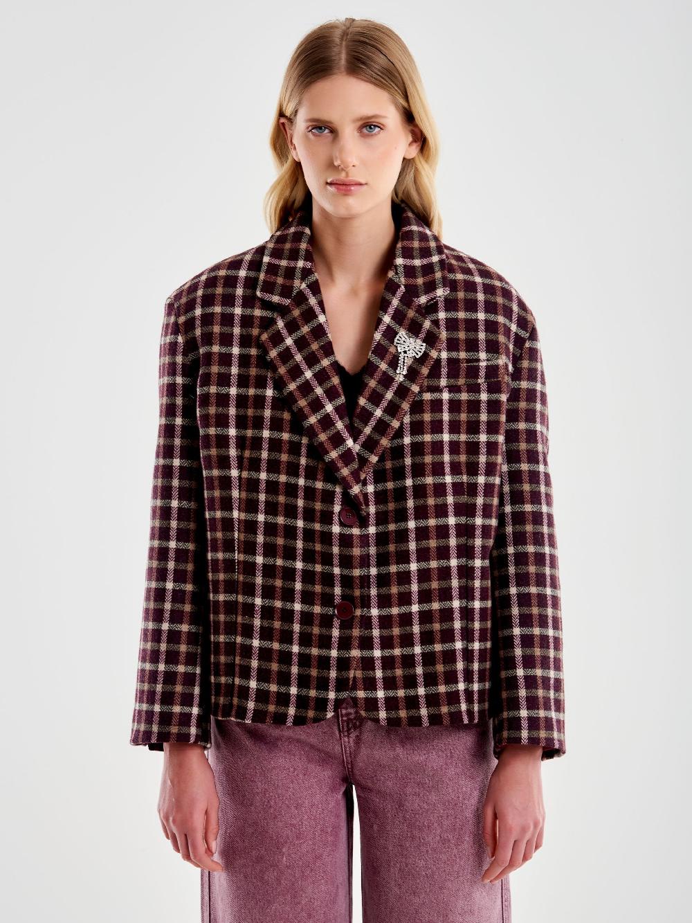 Vicolo Giacca Oversized Cropped a Quadri Bordeaux Fino Al -60%