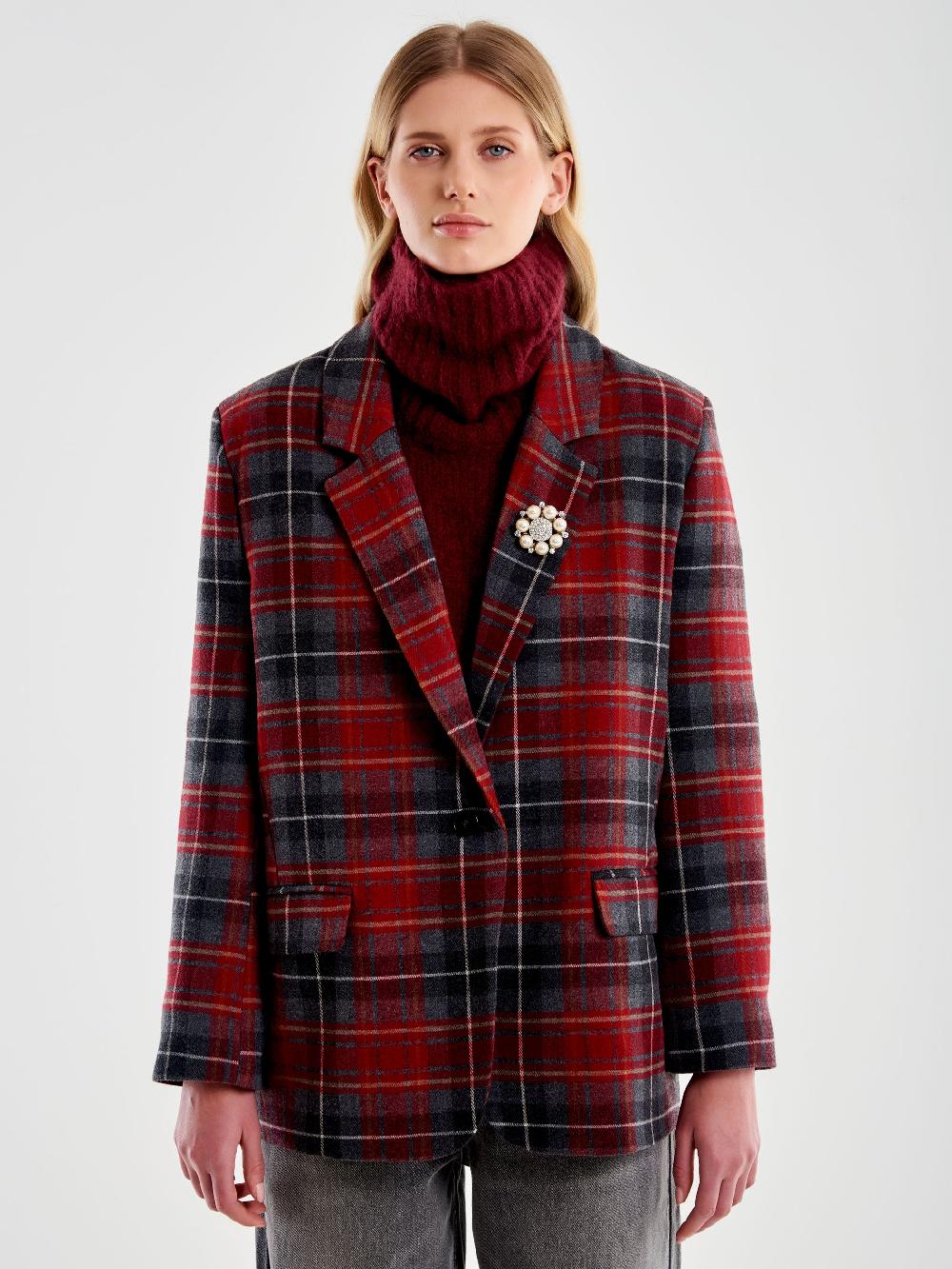 Vicolo Blazer Doppiopetto Over Spilla Quadri Bordeaux Presa