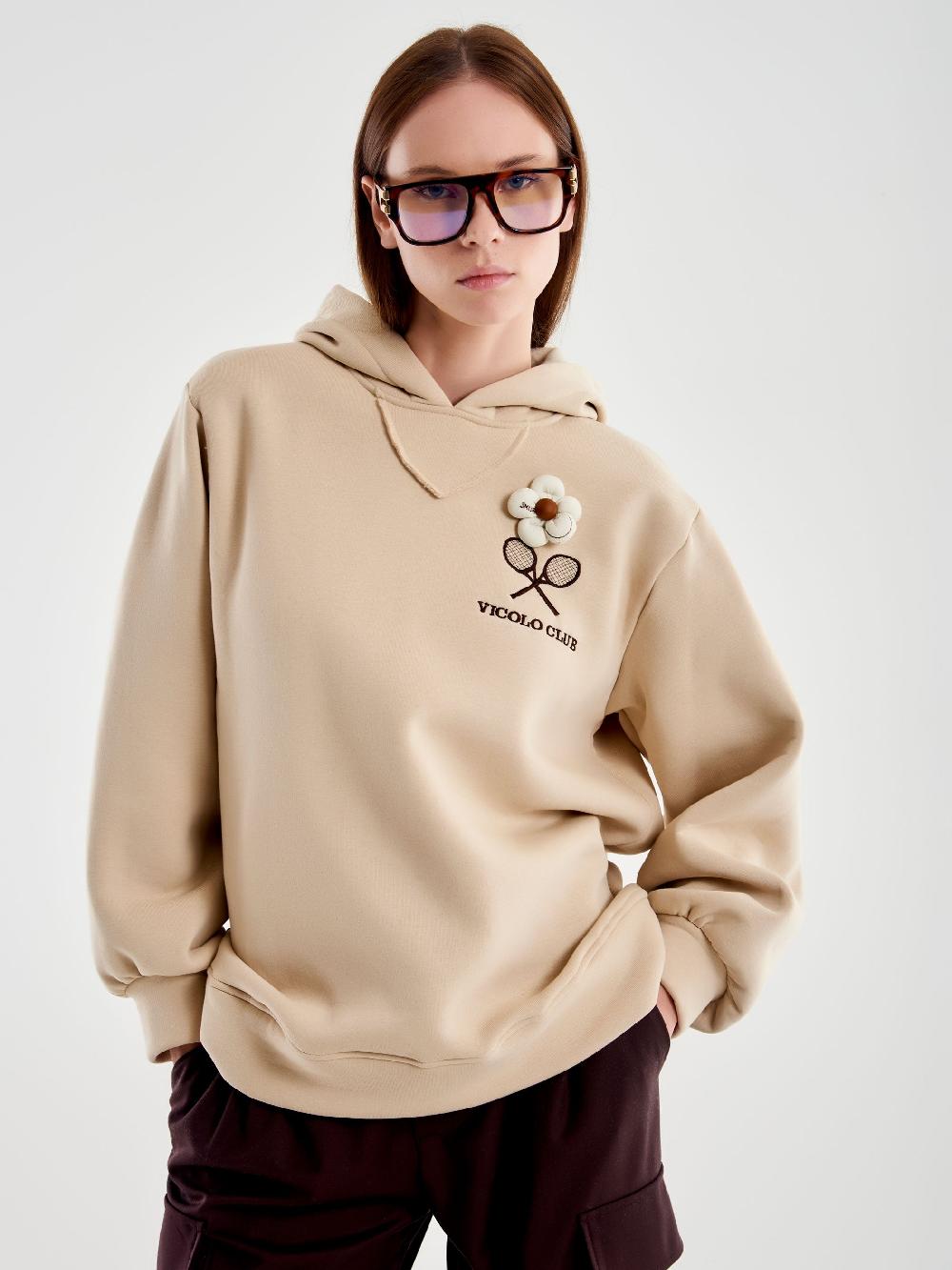 Vicolo Felpa Over con Cappuccio e Ricamo Beige Economico