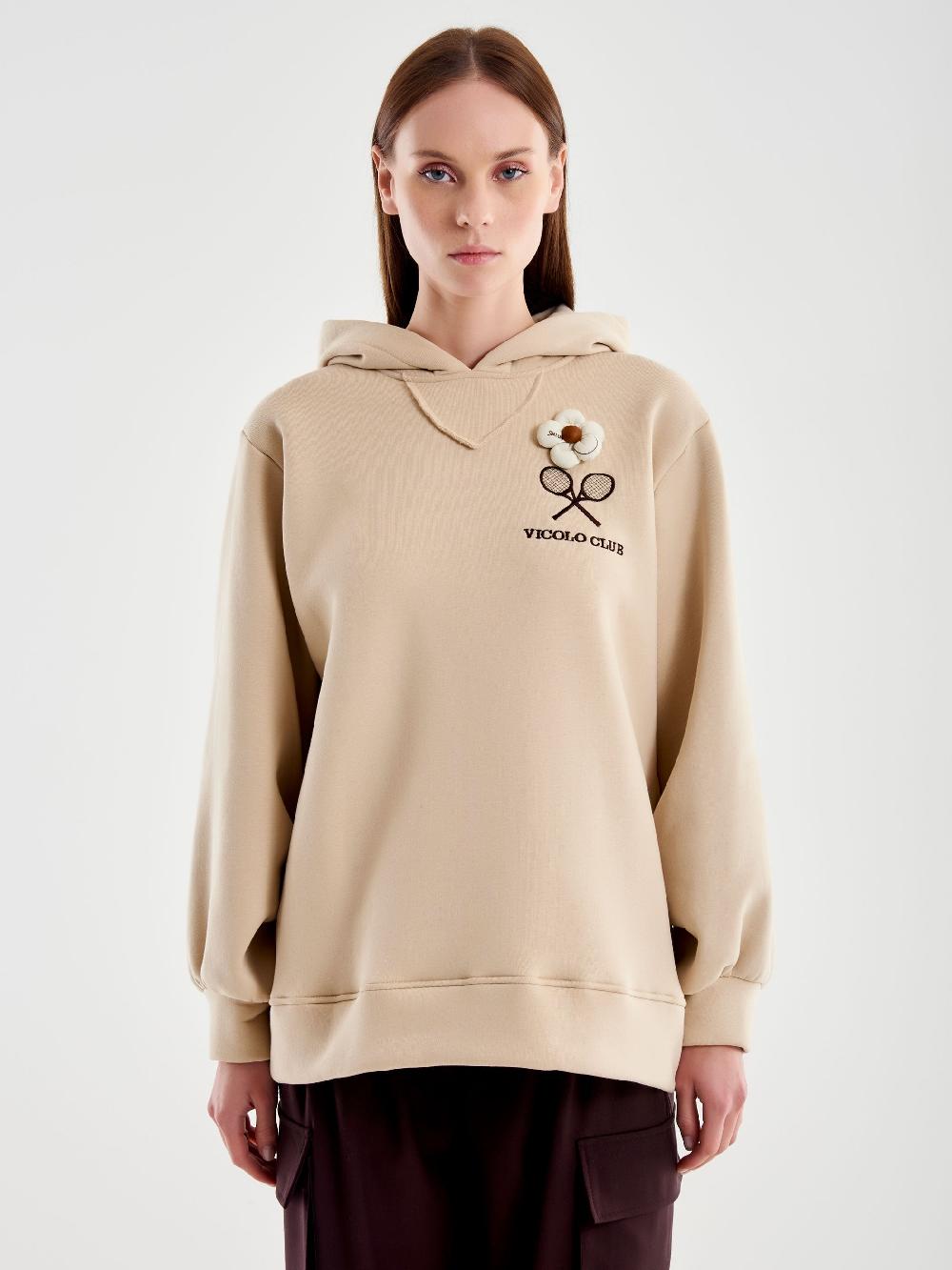 Vicolo Felpa Over con Cappuccio e Ricamo Beige Economico