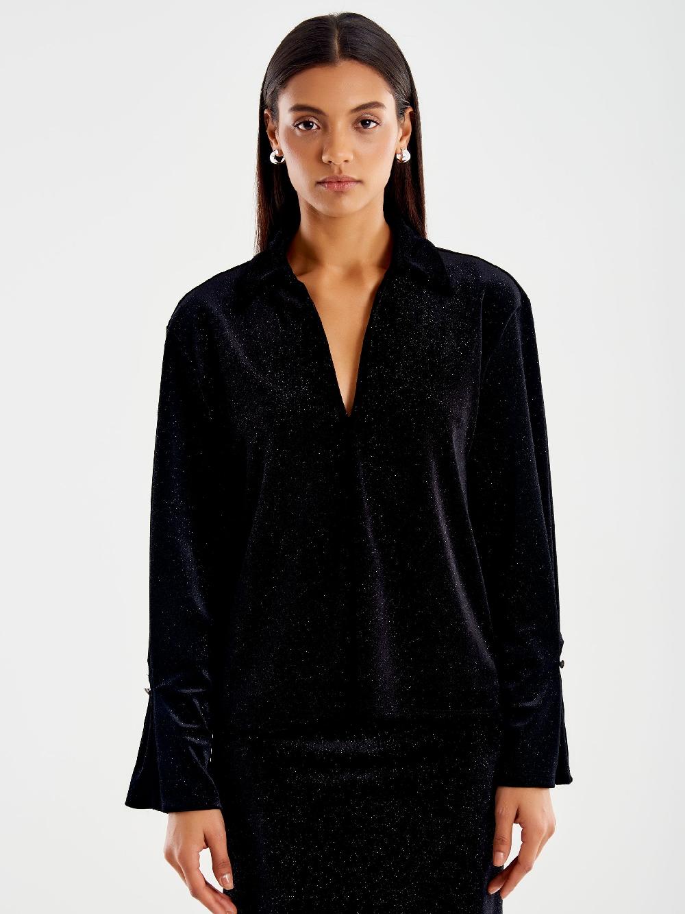 Vicolo Camicia in Ciniglia con Glitter Nero Saldi Di Fabbrica