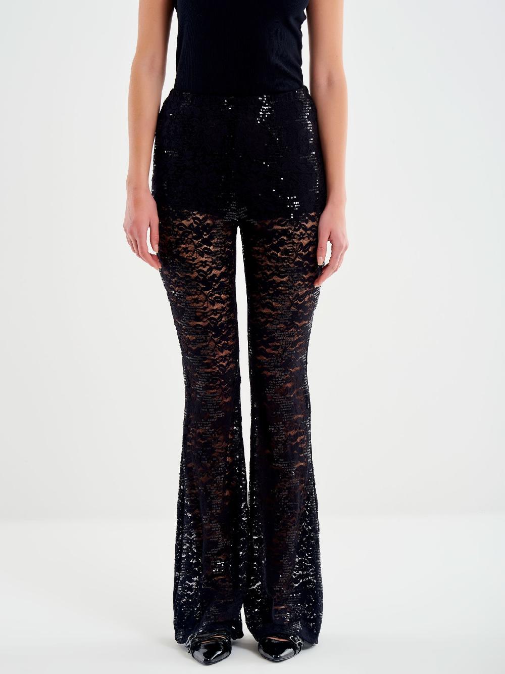 Vicolo Pantalone Ampio In Pizzo e Paillettes Nero Spedizione Gratuita