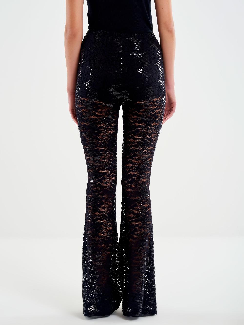 Vicolo Pantalone Ampio In Pizzo e Paillettes Nero Spedizione Gratuita