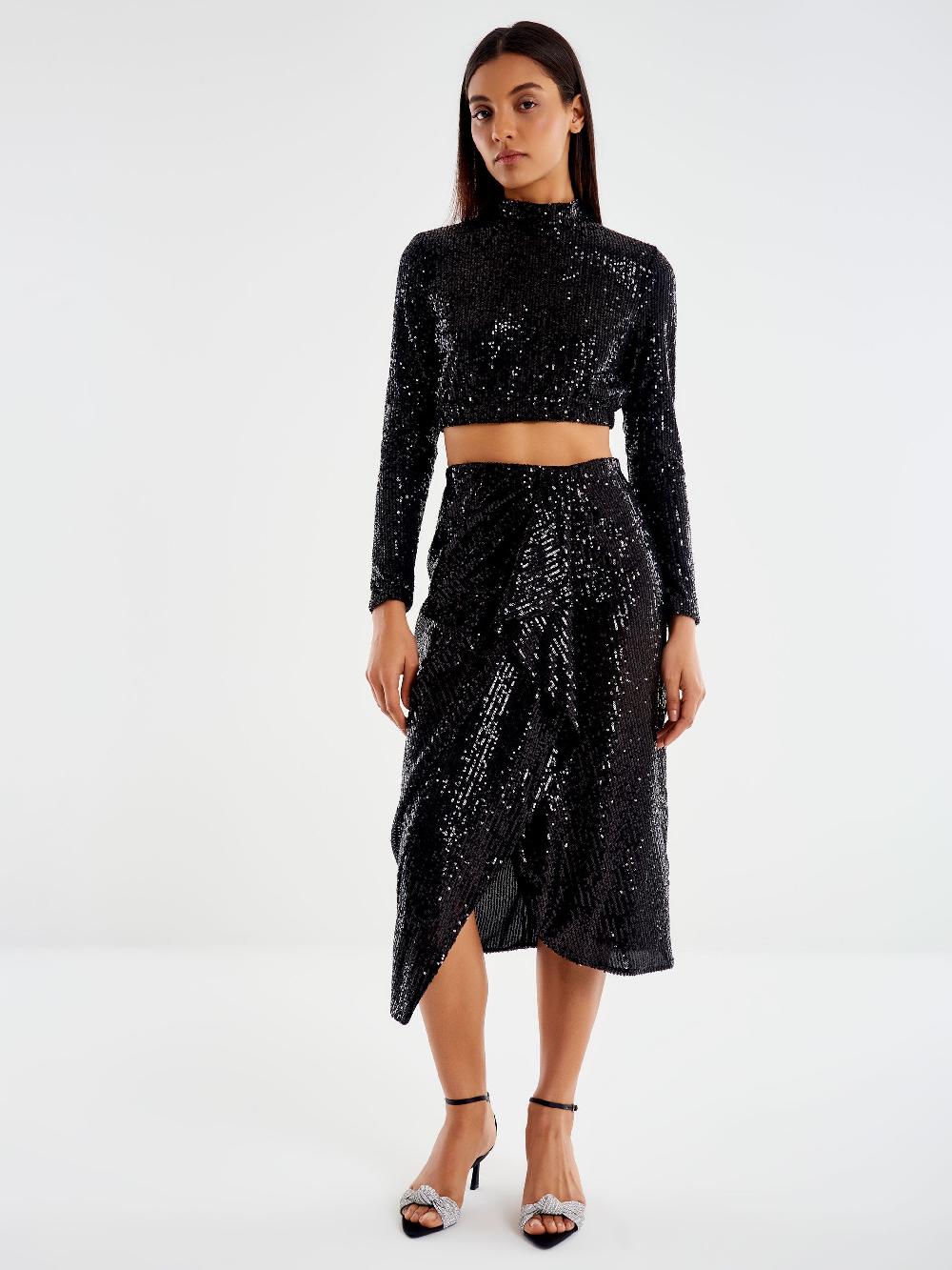 Vicolo Gonna Midi Drappeggiata in Paillettes Nero Offerta