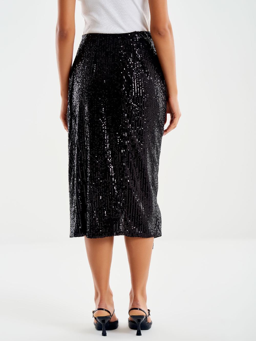 Vicolo Gonna Midi Drappeggiata in Paillettes Nero Offerta