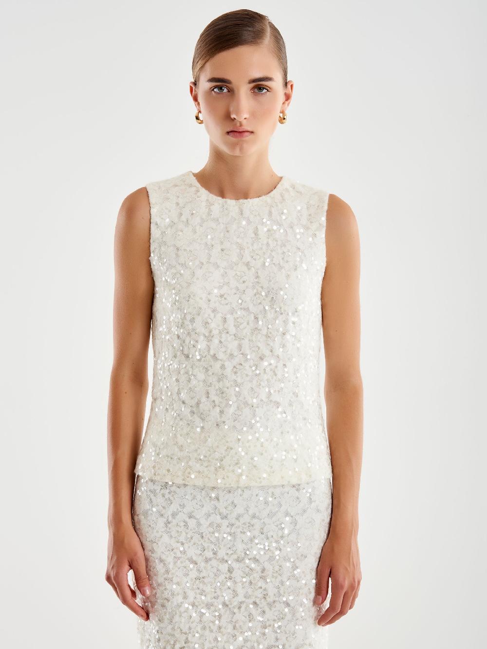 Vicolo Top in Pizzo e Paillettes Bianco Vendita Economica