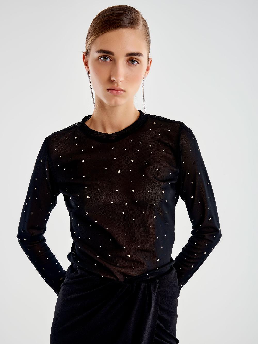 Vicolo Maglia in Tulle con Strass Nero Saldi Di Fabbrica