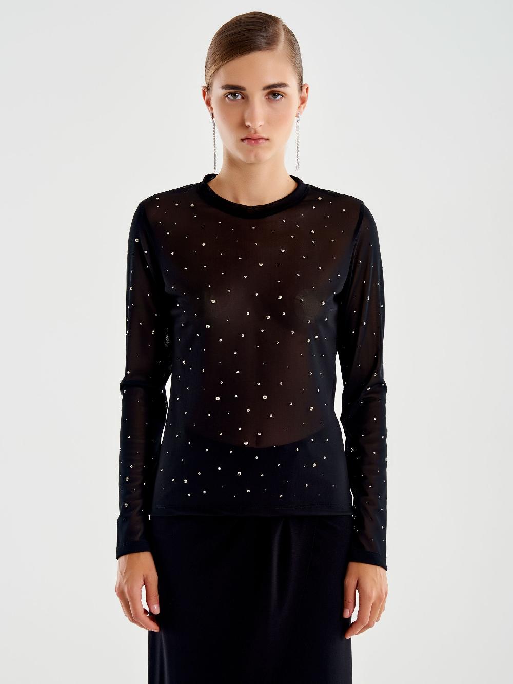 Vicolo Maglia in Tulle con Strass Nero Saldi Di Fabbrica