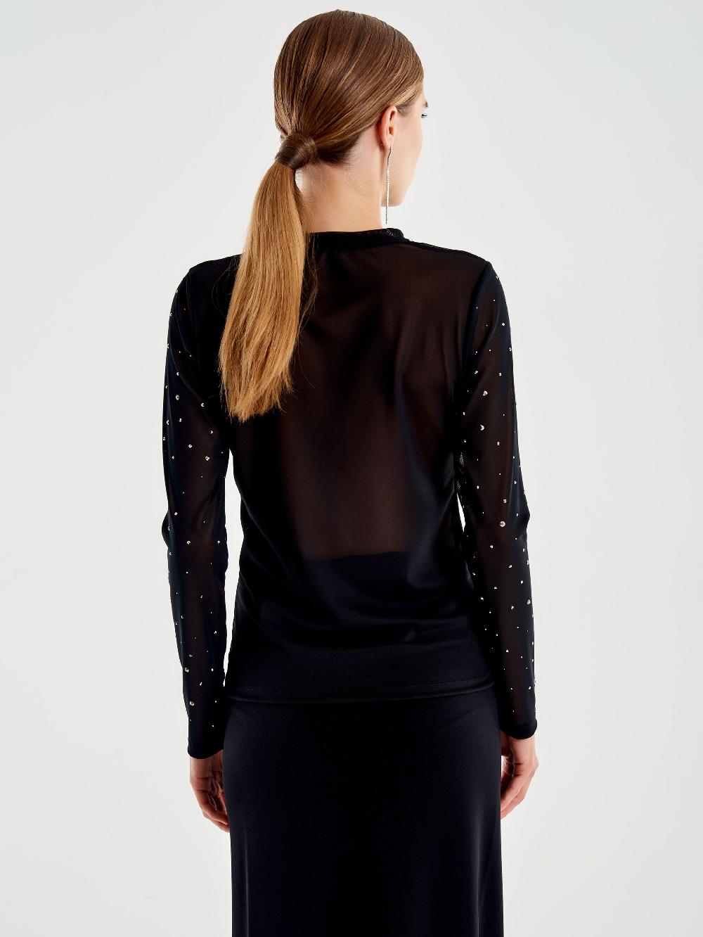 Vicolo Maglia in Tulle con Strass Nero Saldi Di Fabbrica