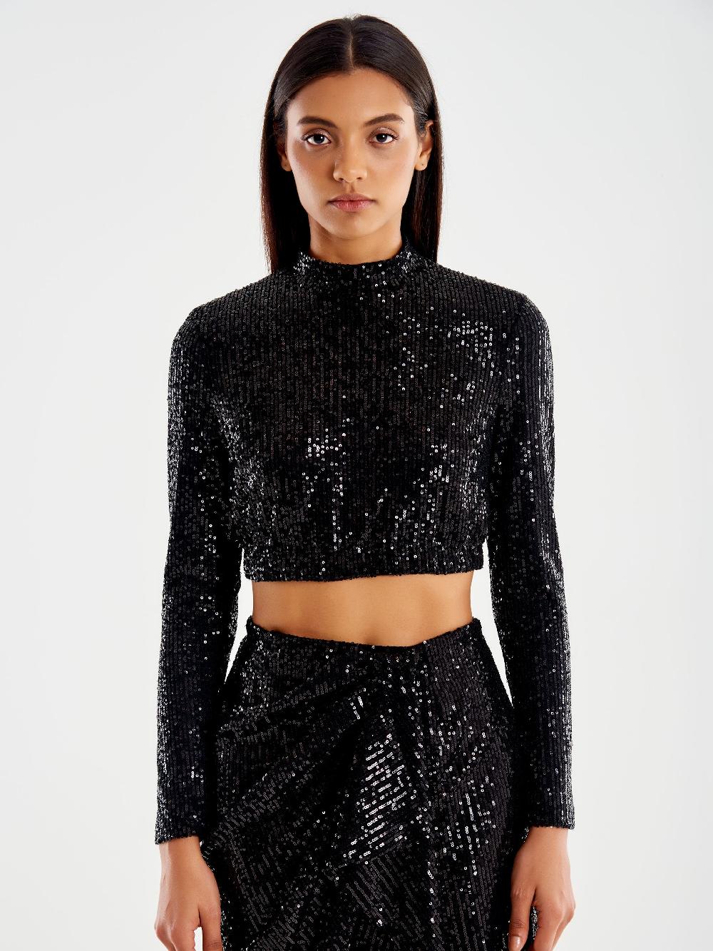 Vicolo Top Cropped Paillettes Nero Offerta San Valentino