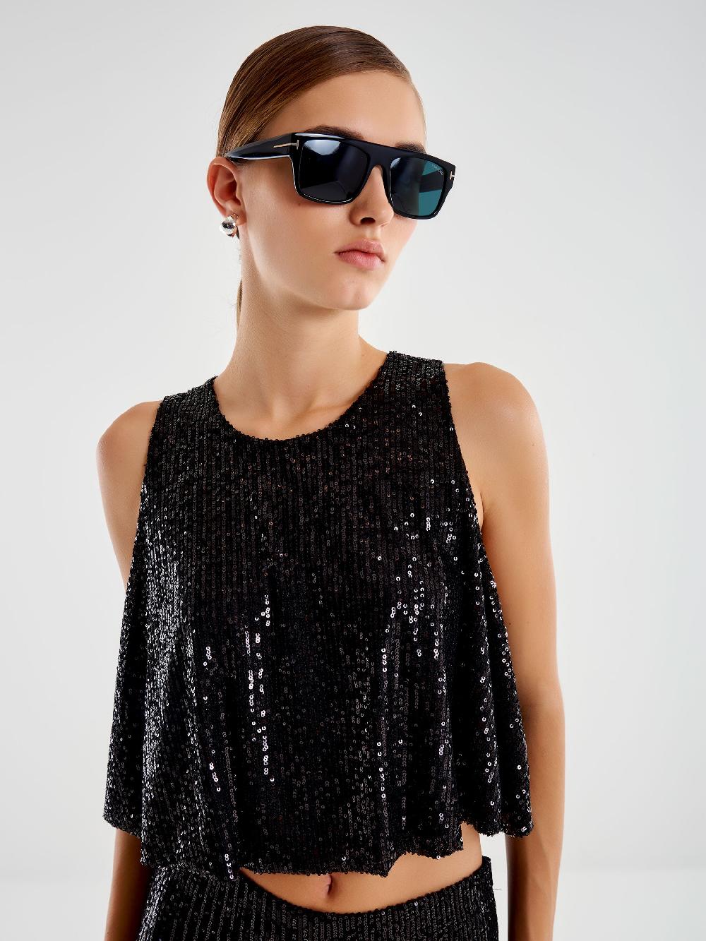 Vicolo Top Cropped a Ruota in Paillettes Nero In Saldo