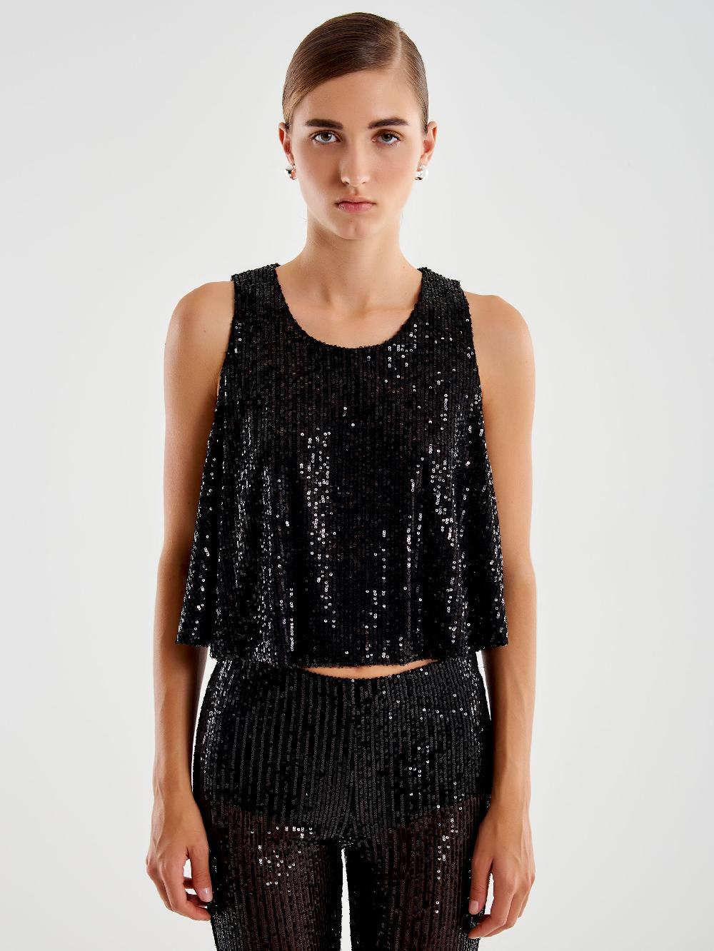 Vicolo Top Cropped a Ruota in Paillettes Nero In Saldo