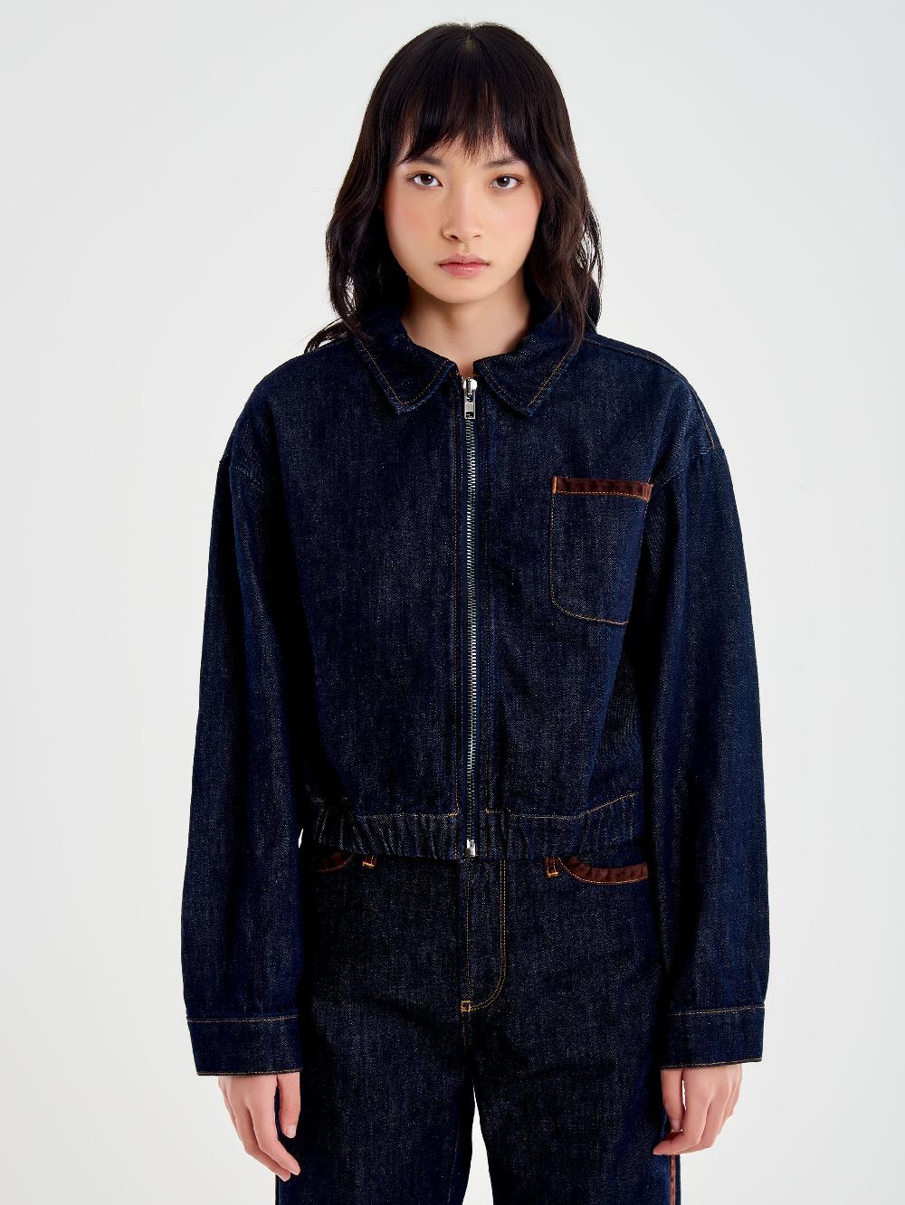 Vicolo Giubbotto in Denim Dettagli Alcantara Blu Outlet