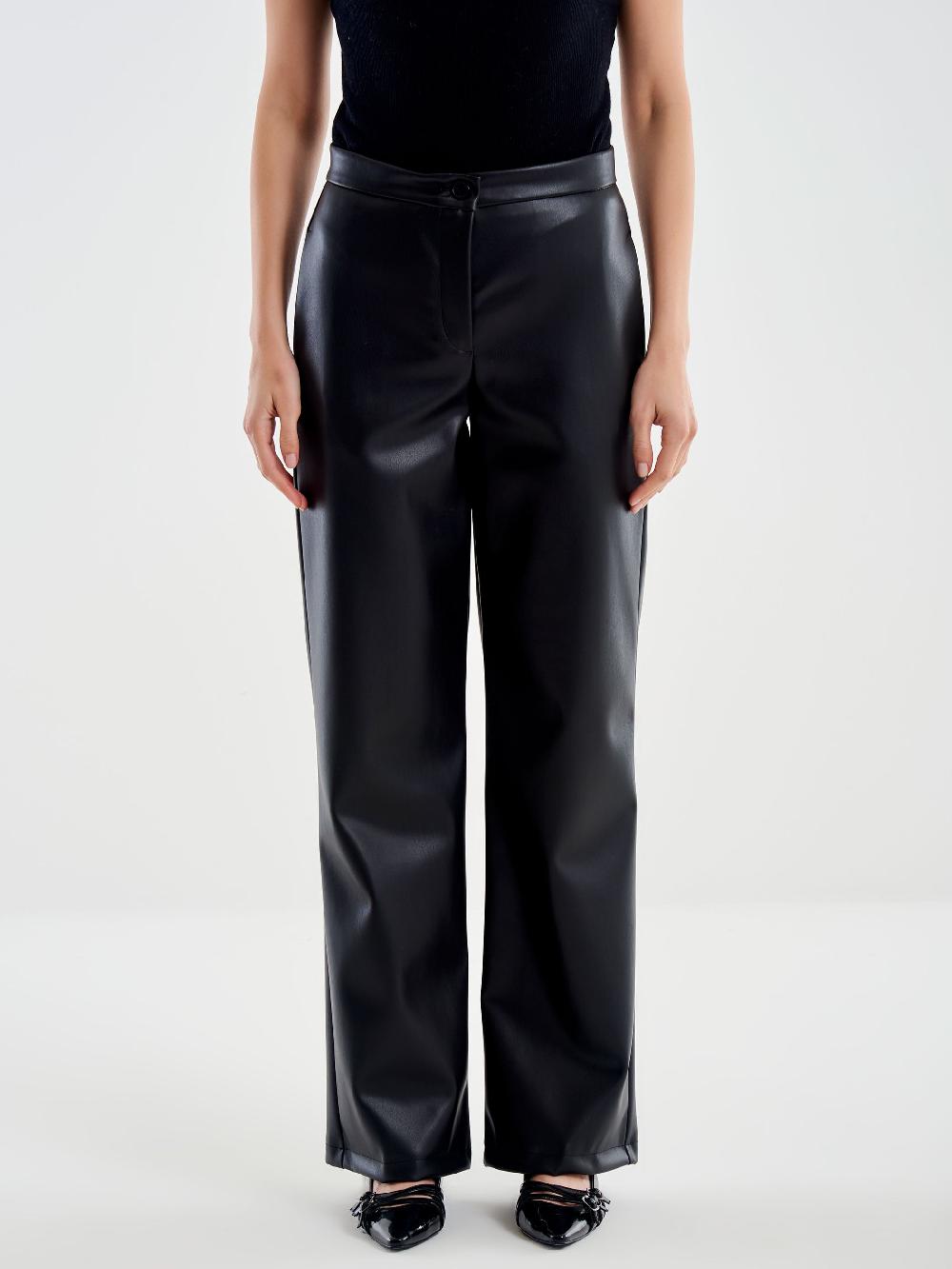Vicolo Pantalone Straight Effetto Pelle Nero Offerta natalizia