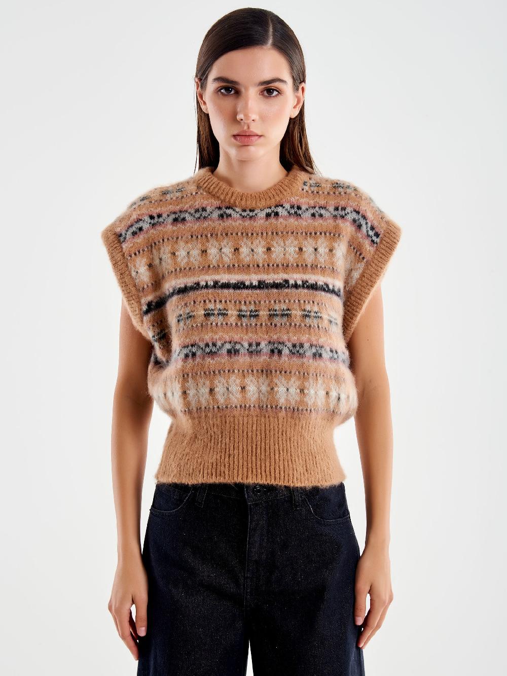 Vicolo Maglia Cropped Jacquard Cammello In Linea