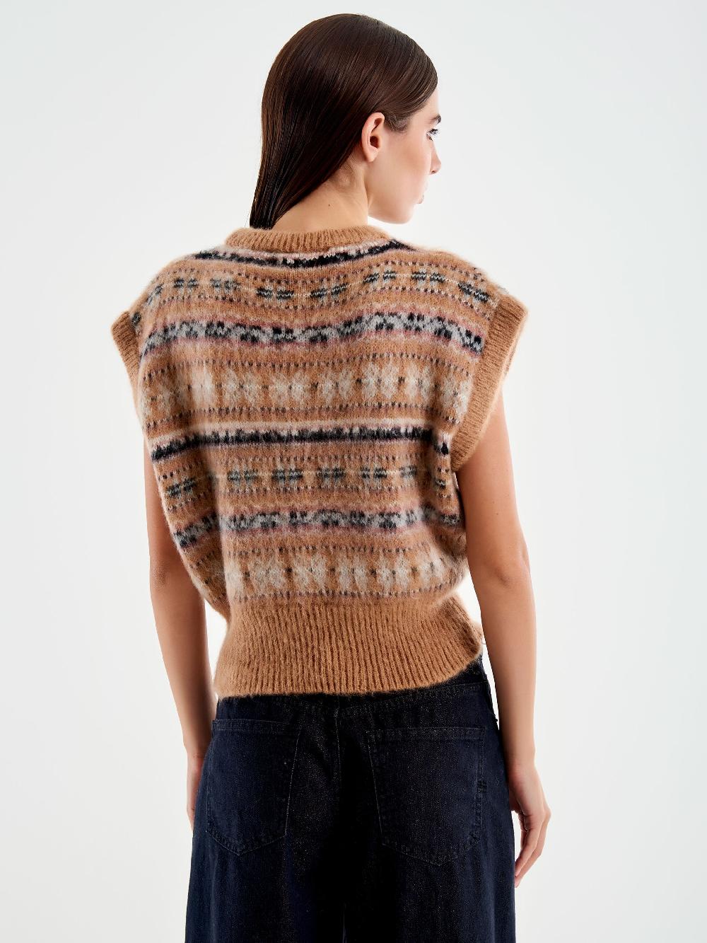 Vicolo Maglia Cropped Jacquard Cammello In Linea