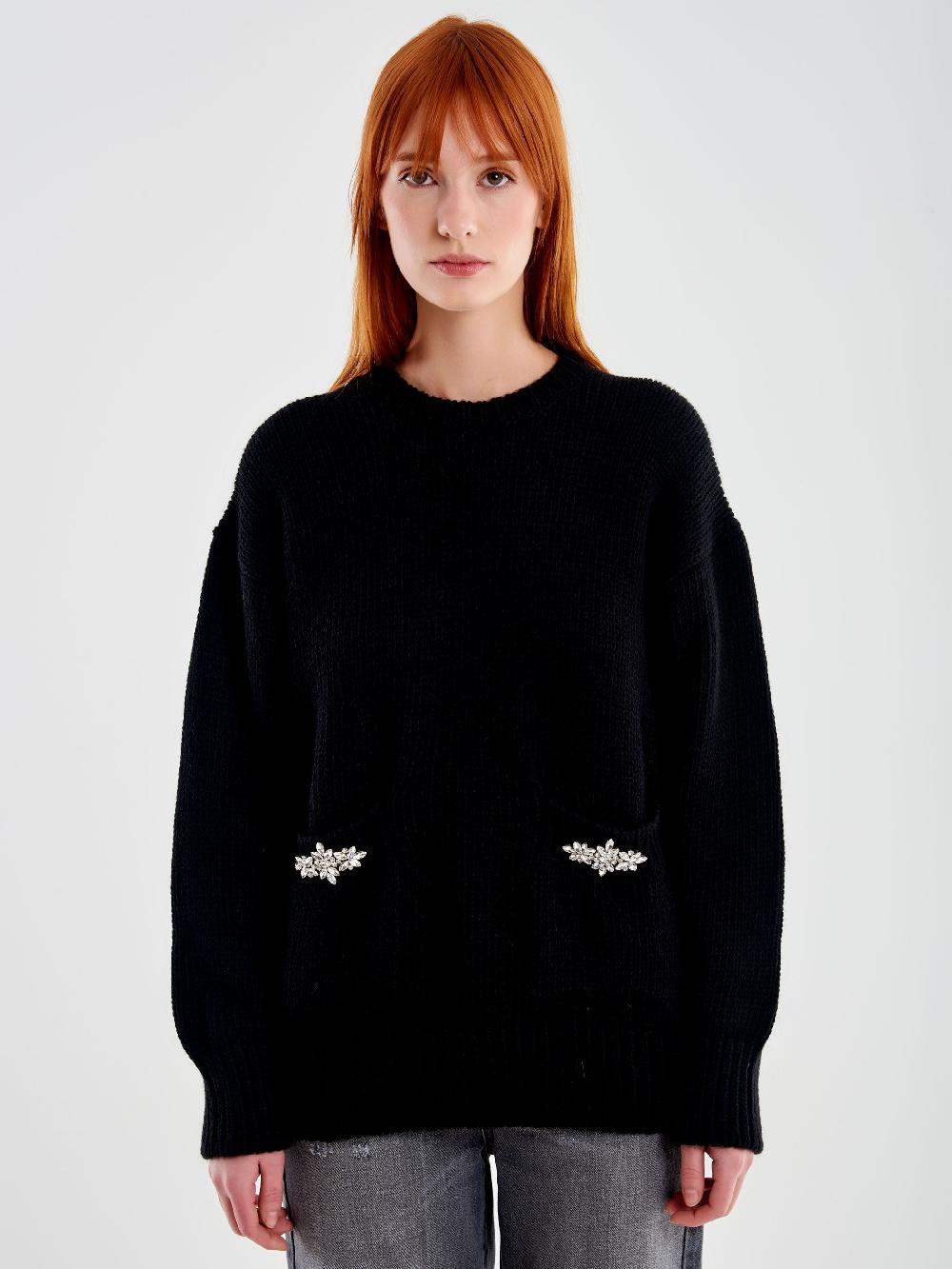 Vicolo Pull Girocollo con Cabochon Tasche Nero Pezzi Unici