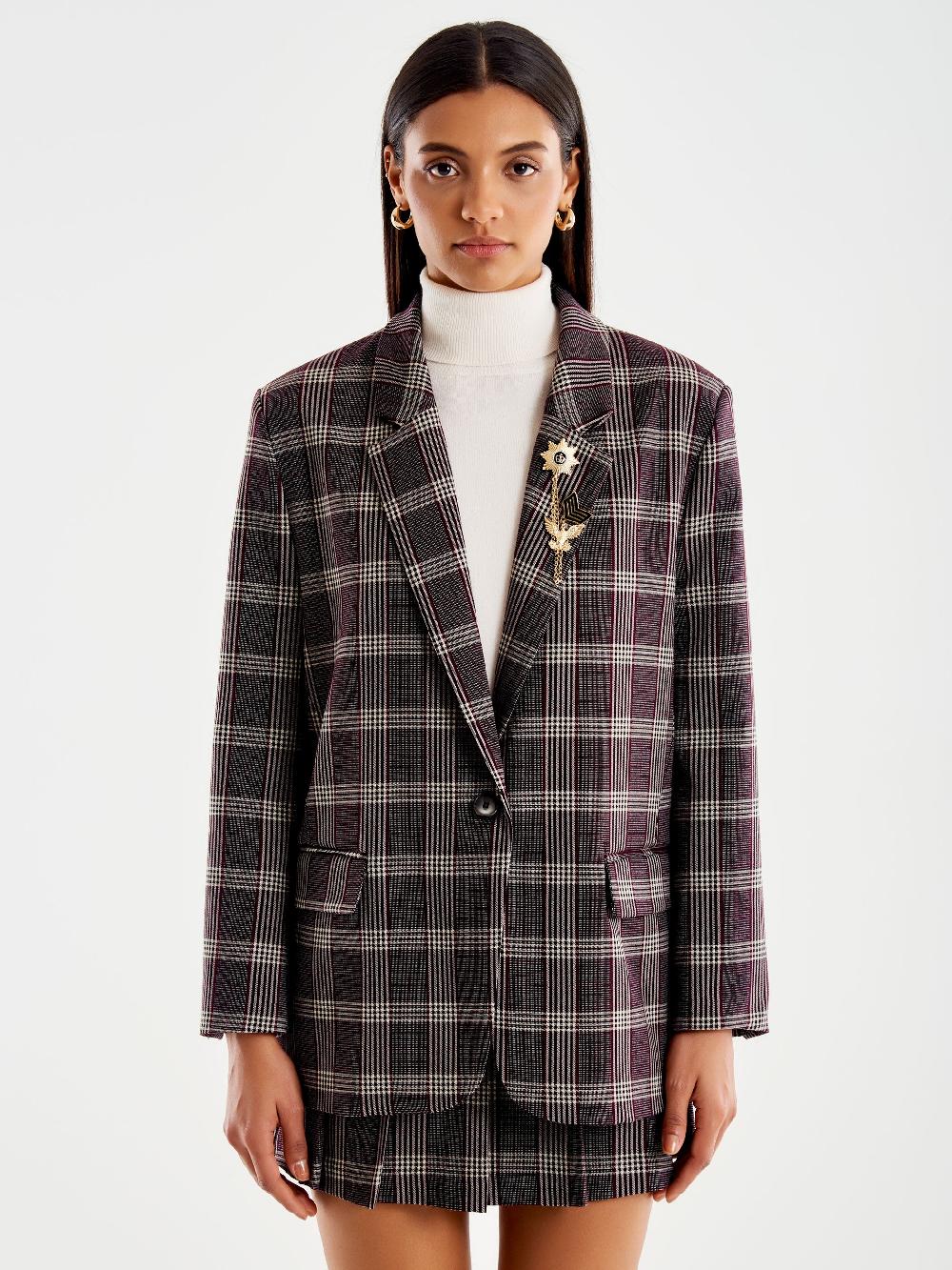 Vicolo Blazer Check Over Monopetto con Spilla Bordeaux Prezzo Ridotto