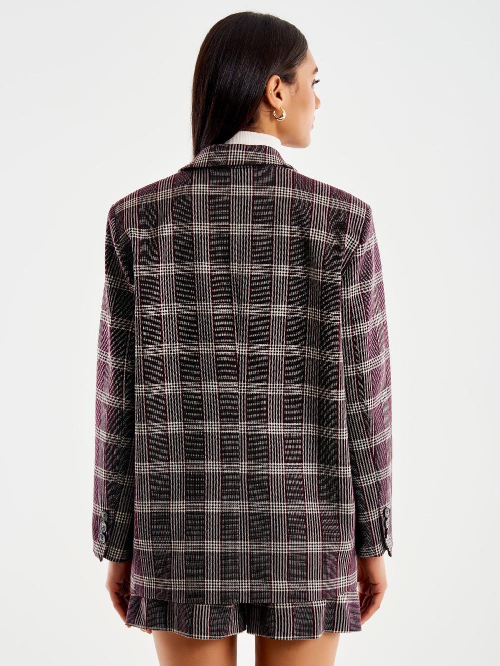 Vicolo Blazer Check Over Monopetto con Spilla Bordeaux Prezzo Ridotto