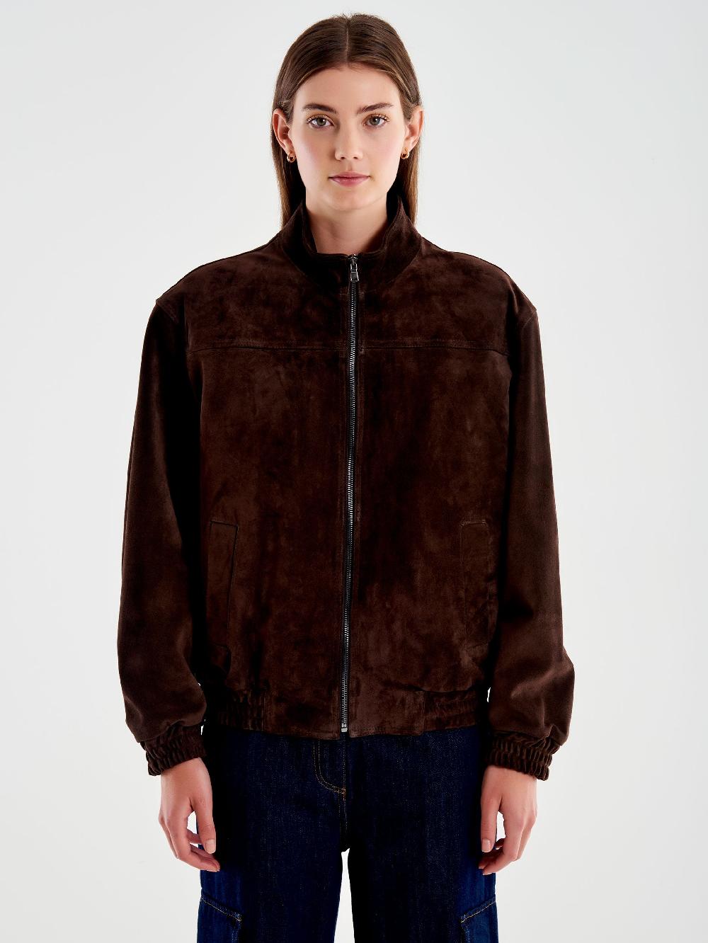 Vicolo Bomber in Pelle Scamosciato Marrone Offerta
