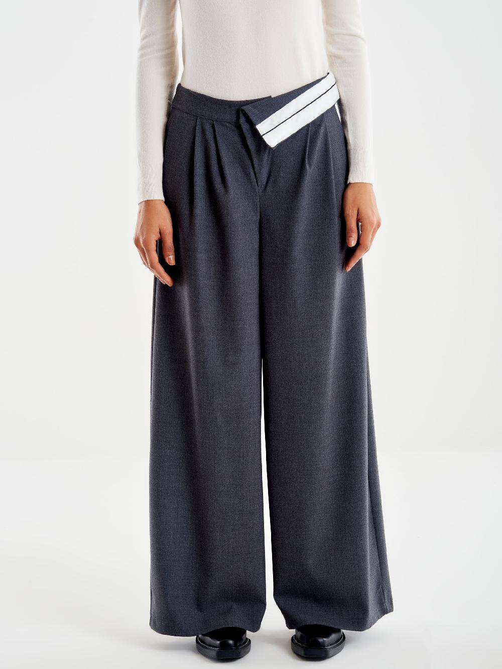 Vicolo Pantalone Ampio con Risvolto in Vita Grigio Economico