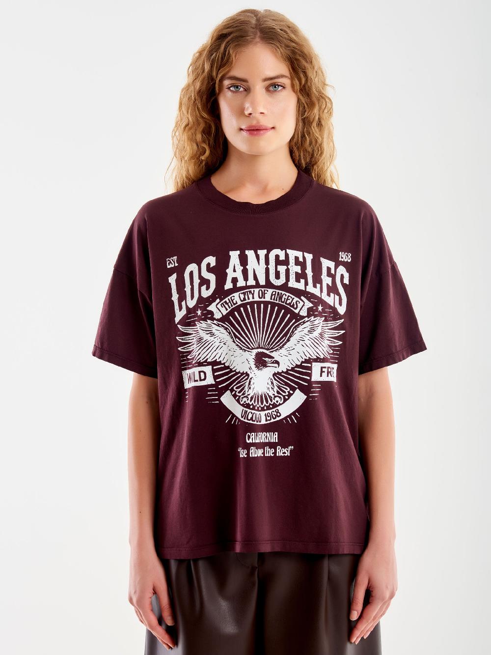 Vicolo T-shirt Varsity "Los Angeles" Bordeaux Promozione