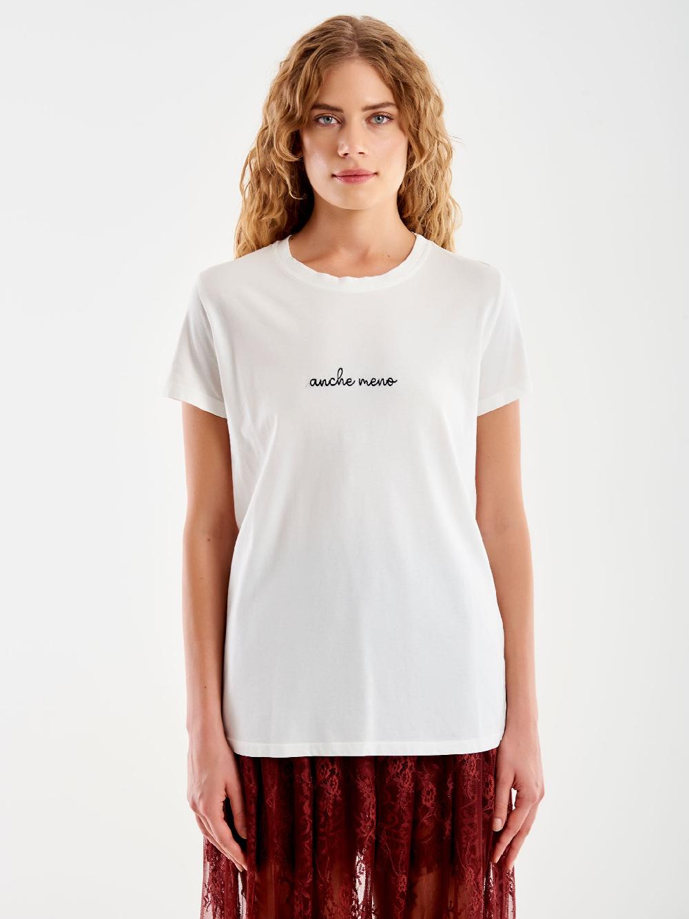 Vicolo T-Shirt Ricamata "Anche Meno" Bianco Negozi Online