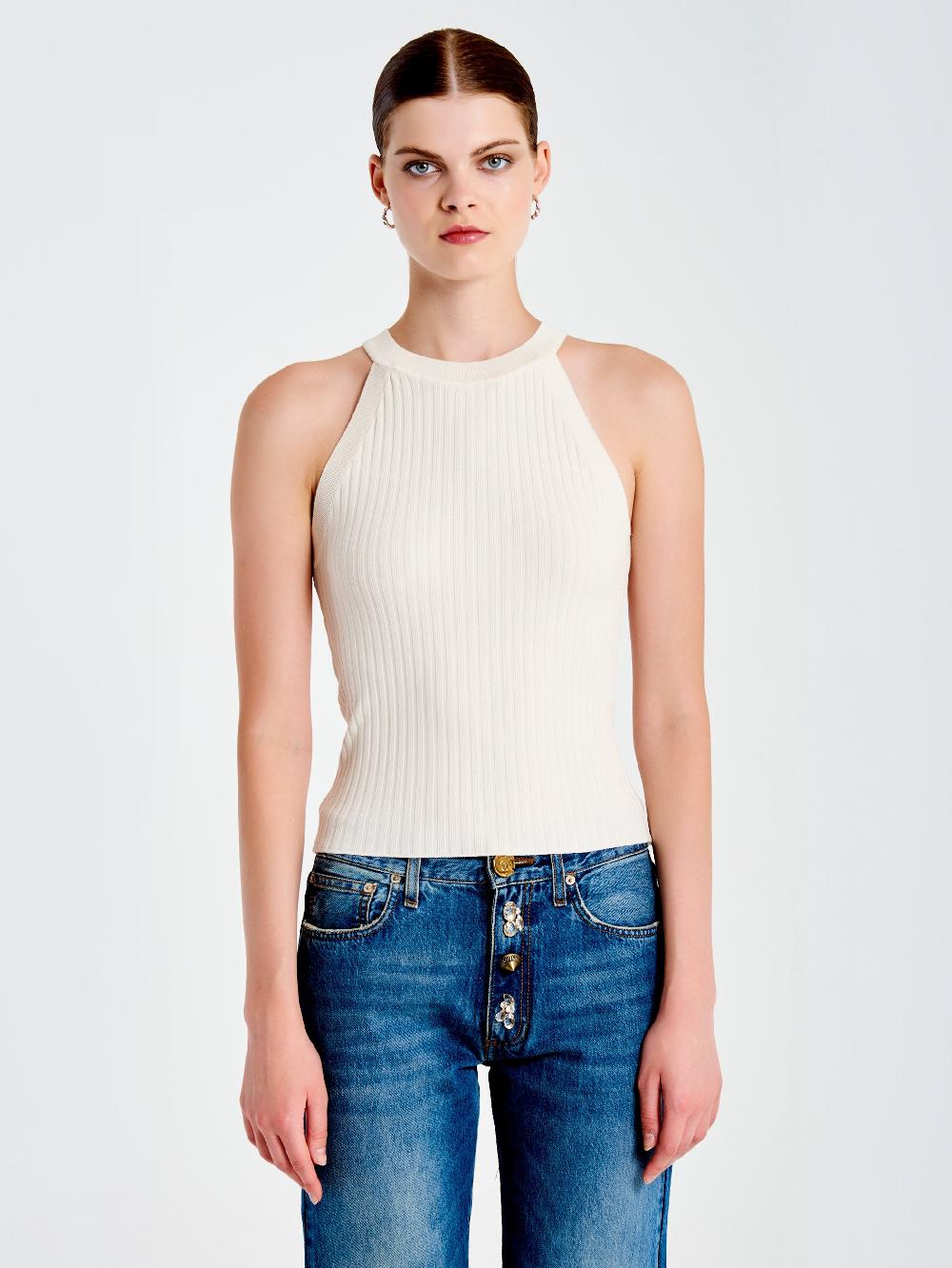Vicolo Top in Maglia Scollo Halter Bianco Consegna Veloce