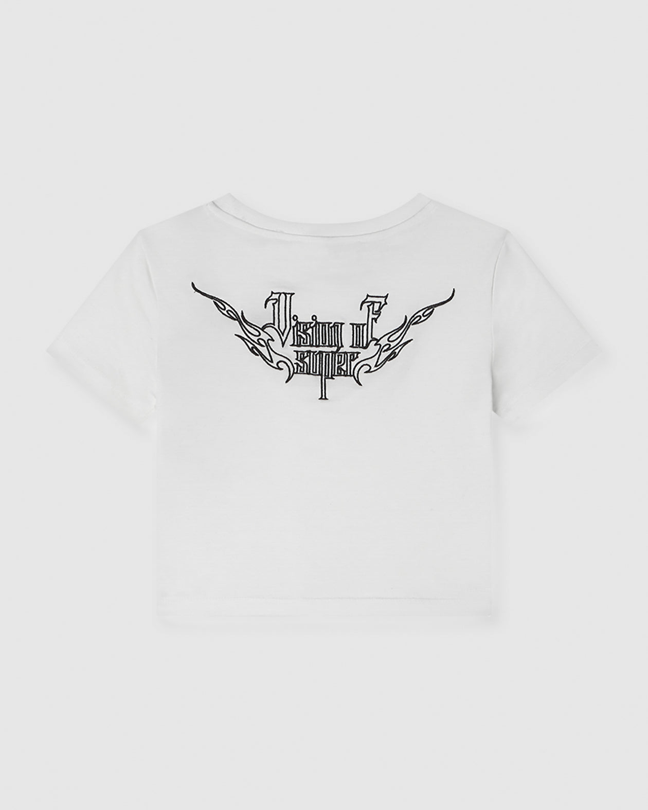 Vision Of Super WHITE CROP T-SHIRT WITH EMBROIDERED TRIBAL LOGO ON FRONT AND EMBROIDERED TRIBAL GRAPHIC ON BACK