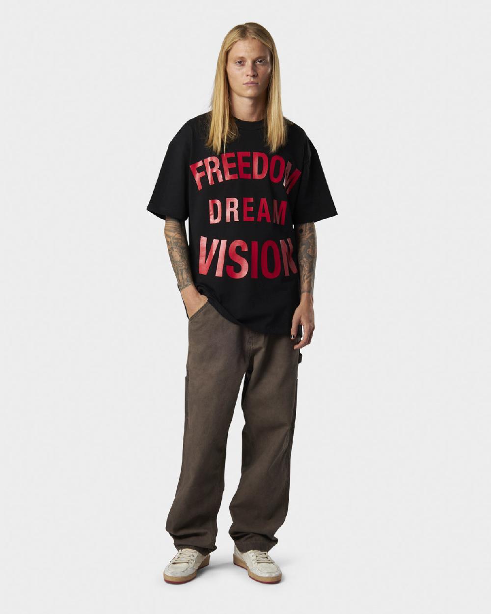 Vision Of Super BLACK T-SHIRT WITH FREEDOM PRINT ON FRONT AND METAL LABEL Enormi sconti