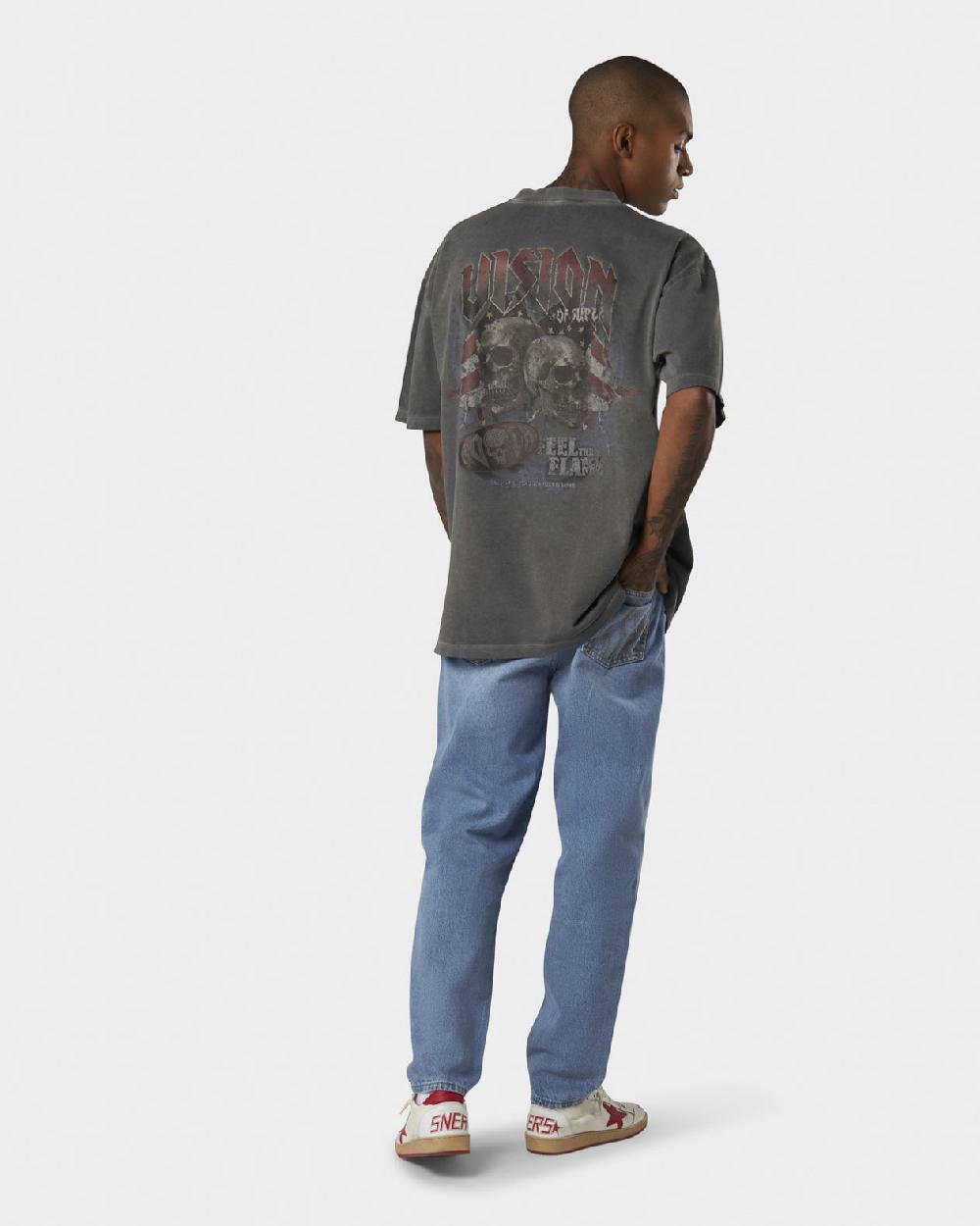 Vision Of Super COLD WASH T-SHIRT WITH COLORS FEEL ROCK SKULL PRINT ON BACK AND EMBROIDERED LOGO ON FRONT 50% di sconto con spedizione gratuita