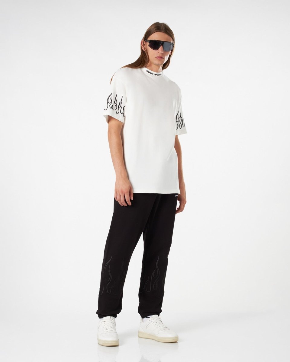 Vision Of Super WHITE T-SHIRT WITH BLACK EMBROIDERED FLAMES Vendite Flash