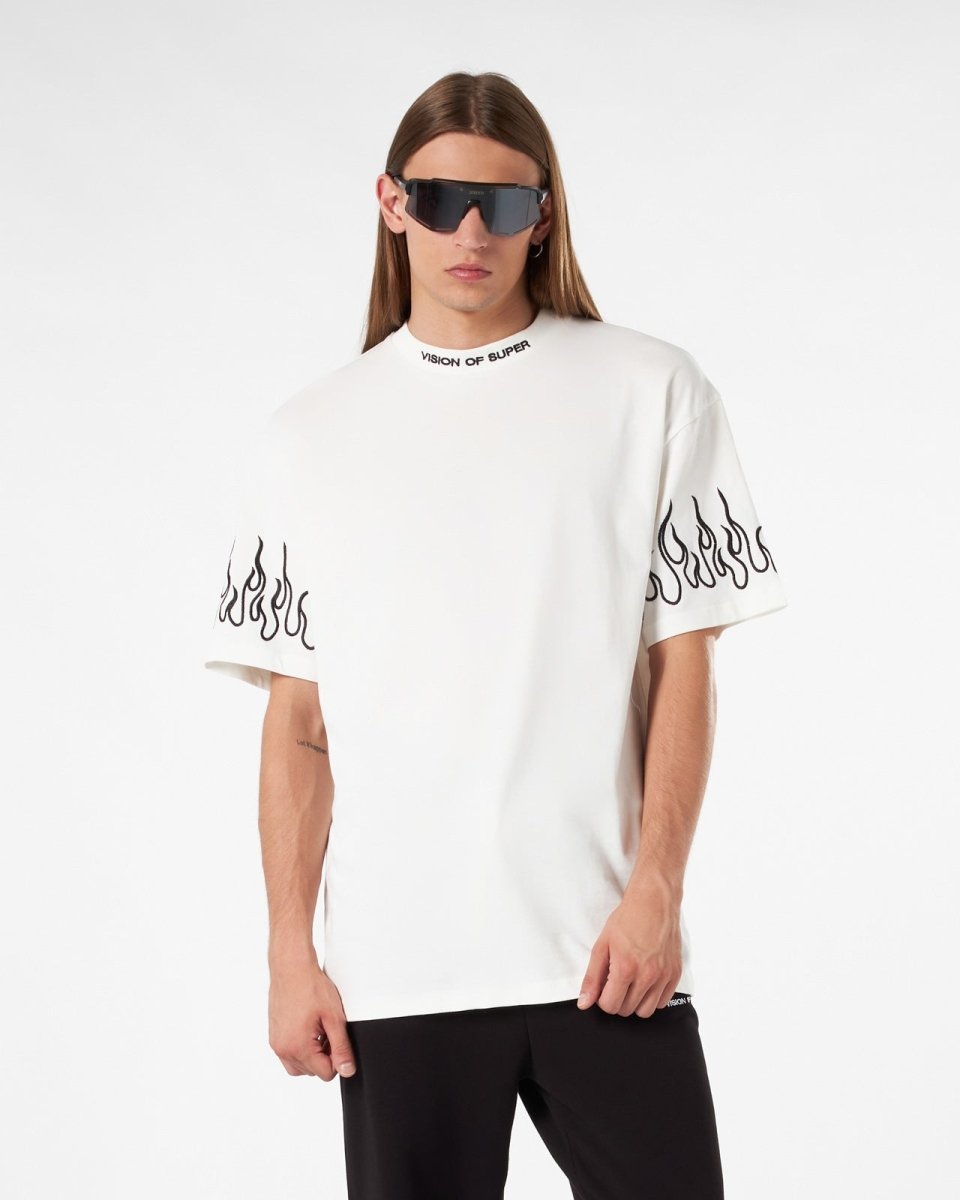 Vision Of Super WHITE T-SHIRT WITH BLACK EMBROIDERED FLAMES Vendite Flash
