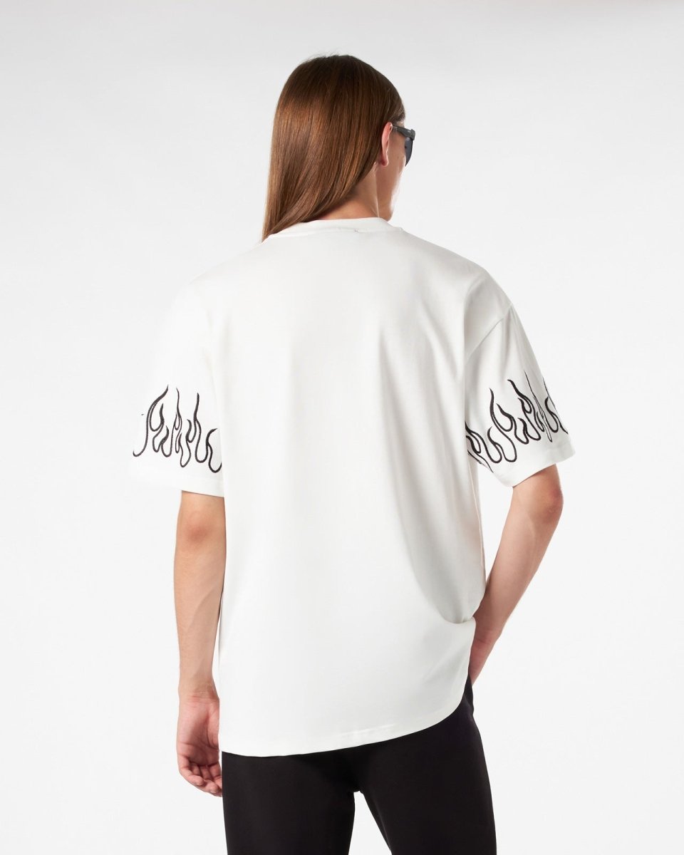 Vision Of Super WHITE T-SHIRT WITH BLACK EMBROIDERED FLAMES Vendite Flash