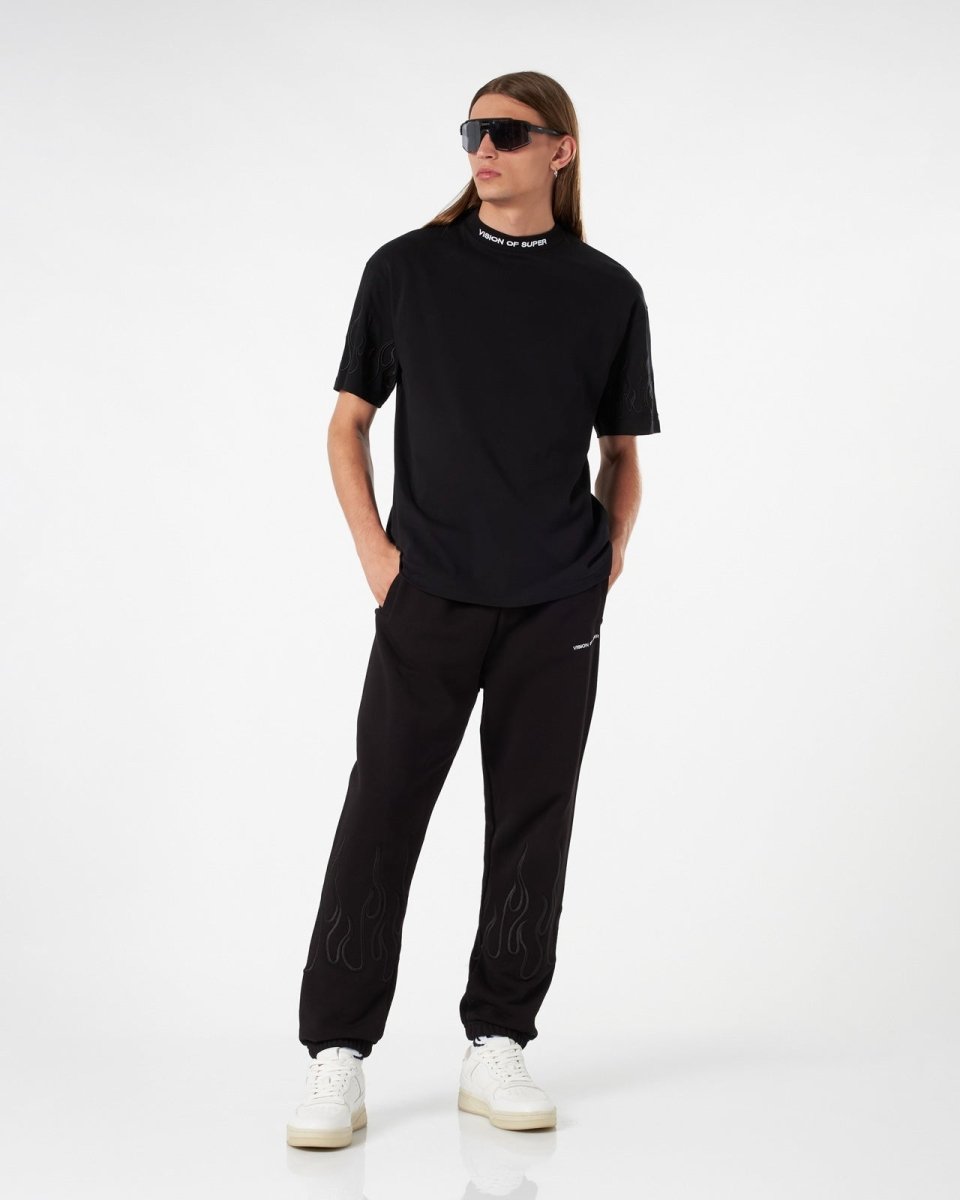 Vision Of Super BLACK T-SHIRT WITH BLACK EMBROIDERED FLAMES Negozio