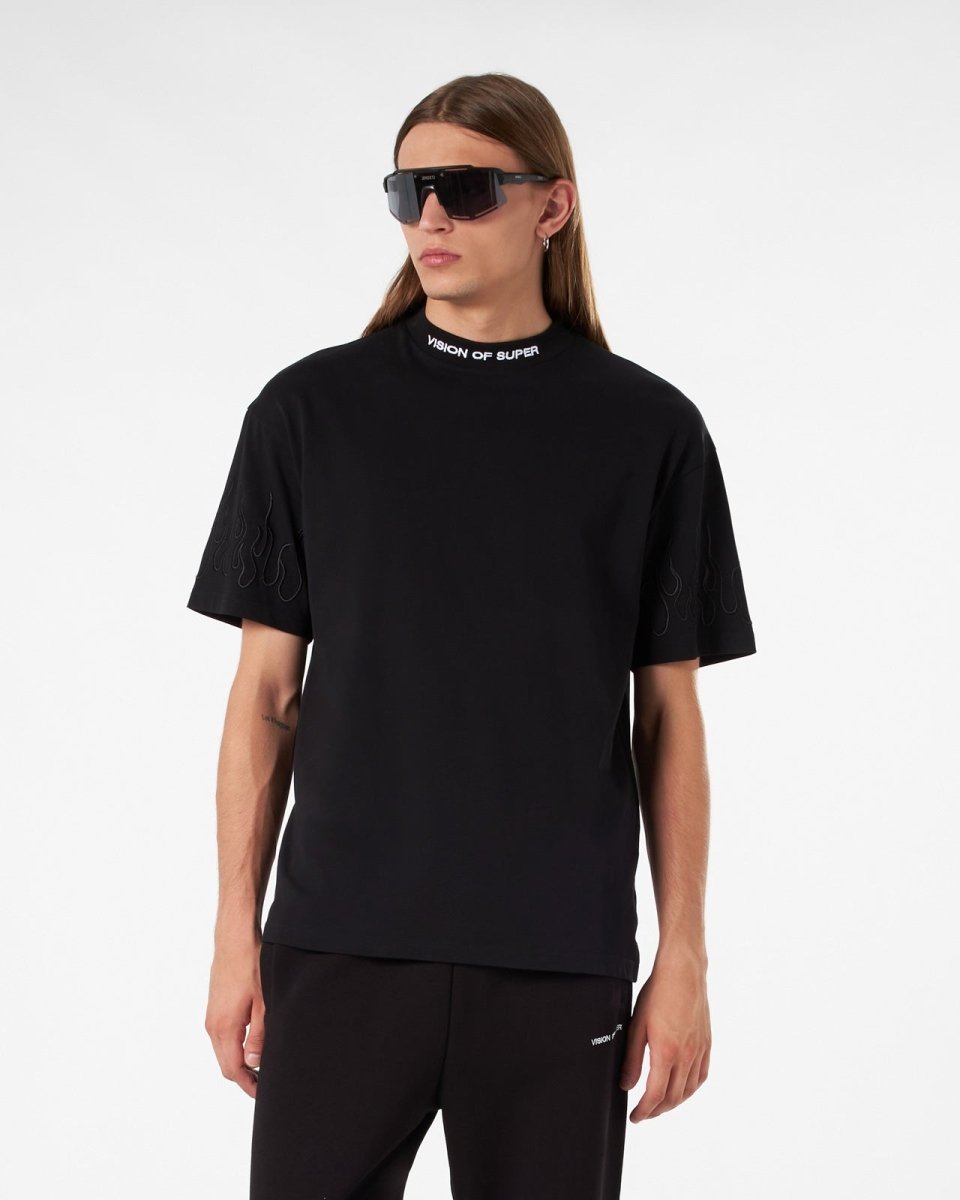 Vision Of Super BLACK T-SHIRT WITH BLACK EMBROIDERED FLAMES Negozio