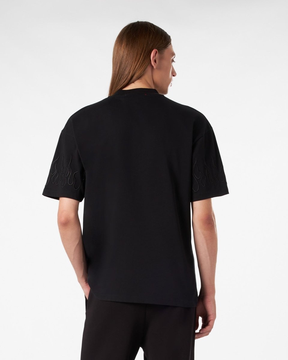 Vision Of Super BLACK T-SHIRT WITH BLACK EMBROIDERED FLAMES Negozio