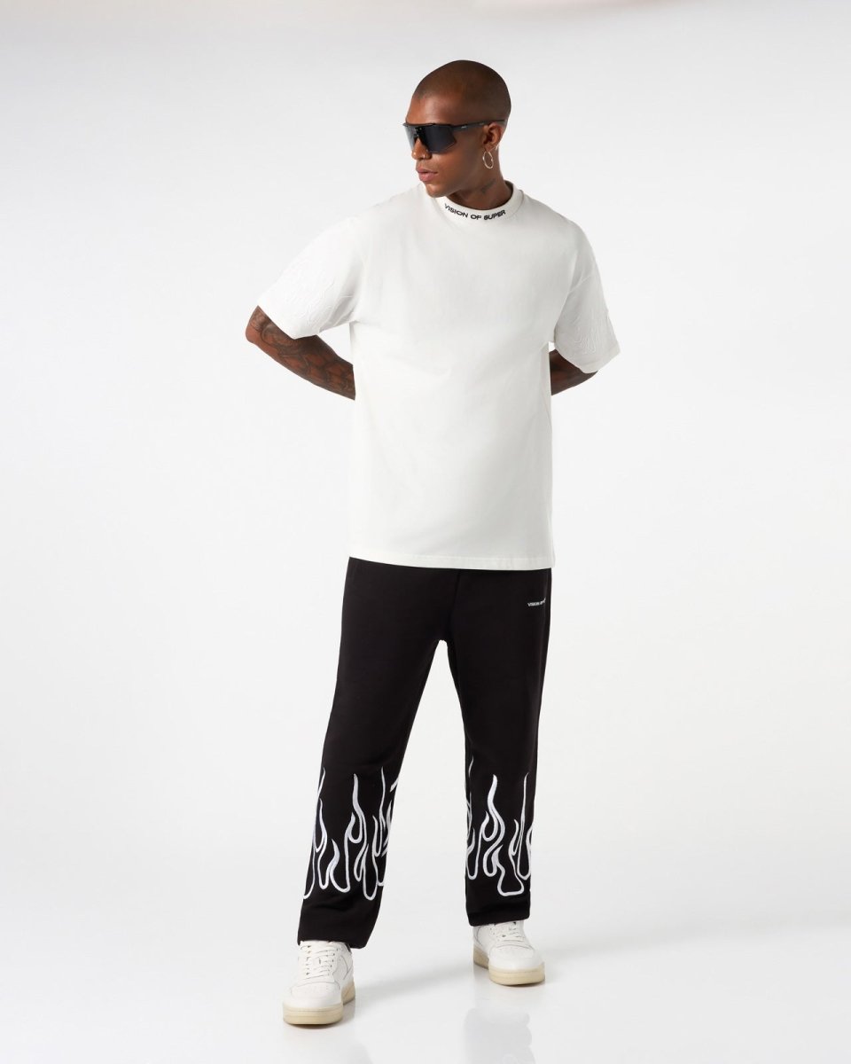 Vision Of Super WHITE T-SHIRT WITH WHITE EMBROIDERED FLAMES In Saldo