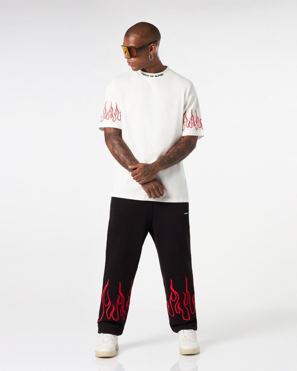 Vision Of Super WHITE T-SHIRT WITH RED EMBROIDERED FLAMES Nuova