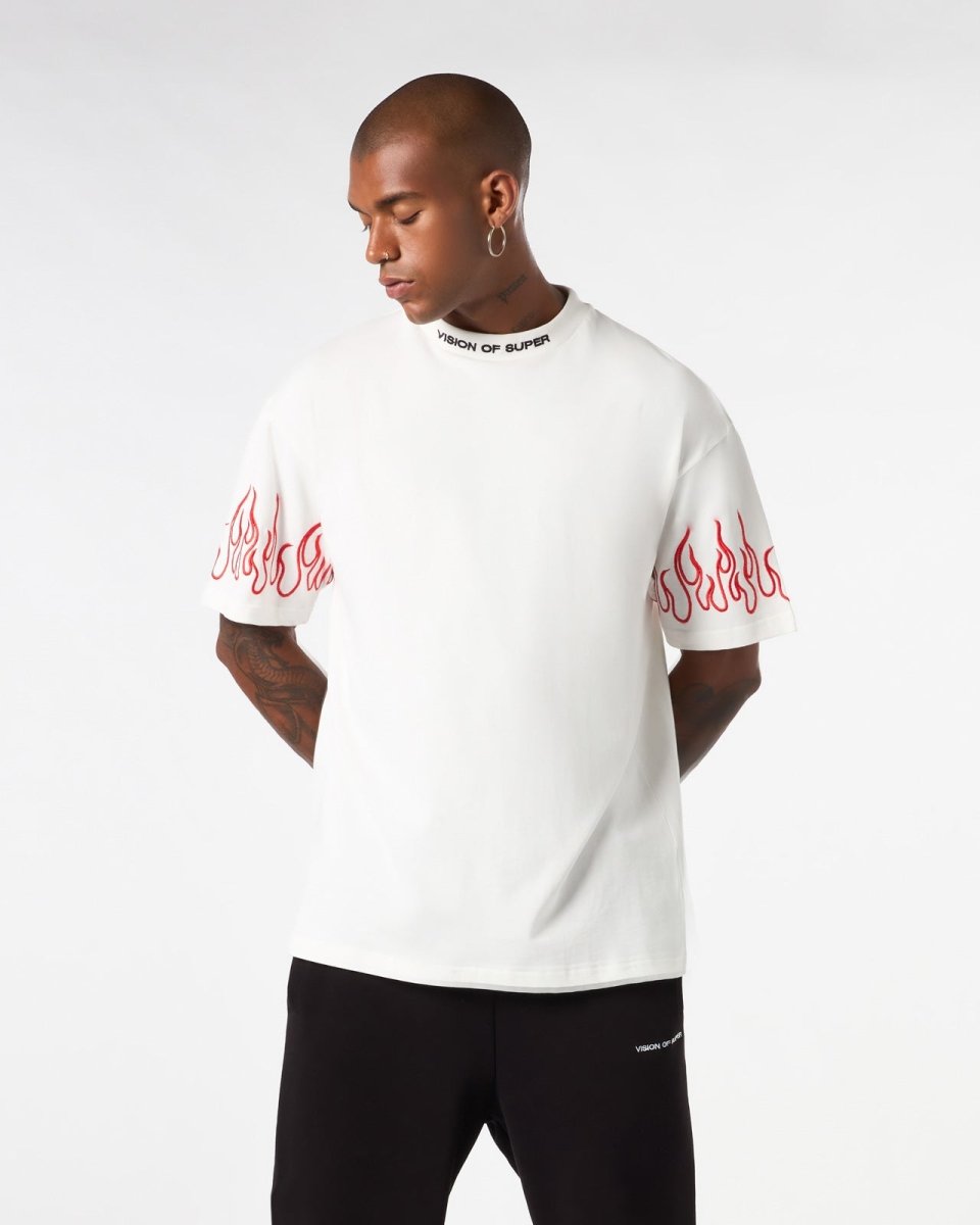Vision Of Super WHITE T-SHIRT WITH RED EMBROIDERED FLAMES Nuova
