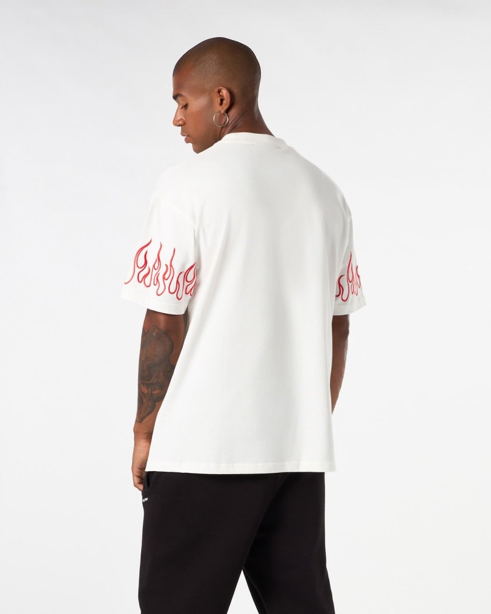 Vision Of Super WHITE T-SHIRT WITH RED EMBROIDERED FLAMES Nuova