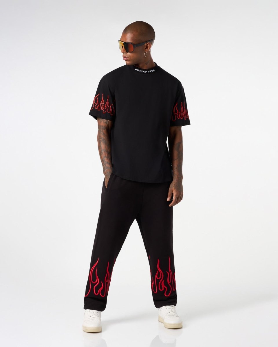 Vision Of Super BLACK T-SHIRT WITH RED EMBROIDERED FLAMES Moda