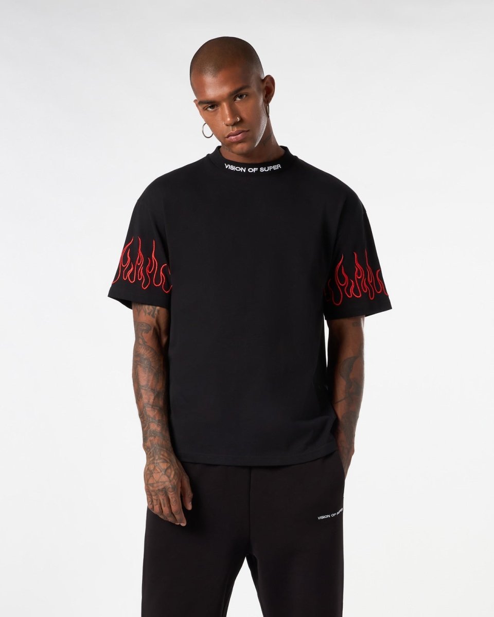 Vision Of Super BLACK T-SHIRT WITH RED EMBROIDERED FLAMES Moda