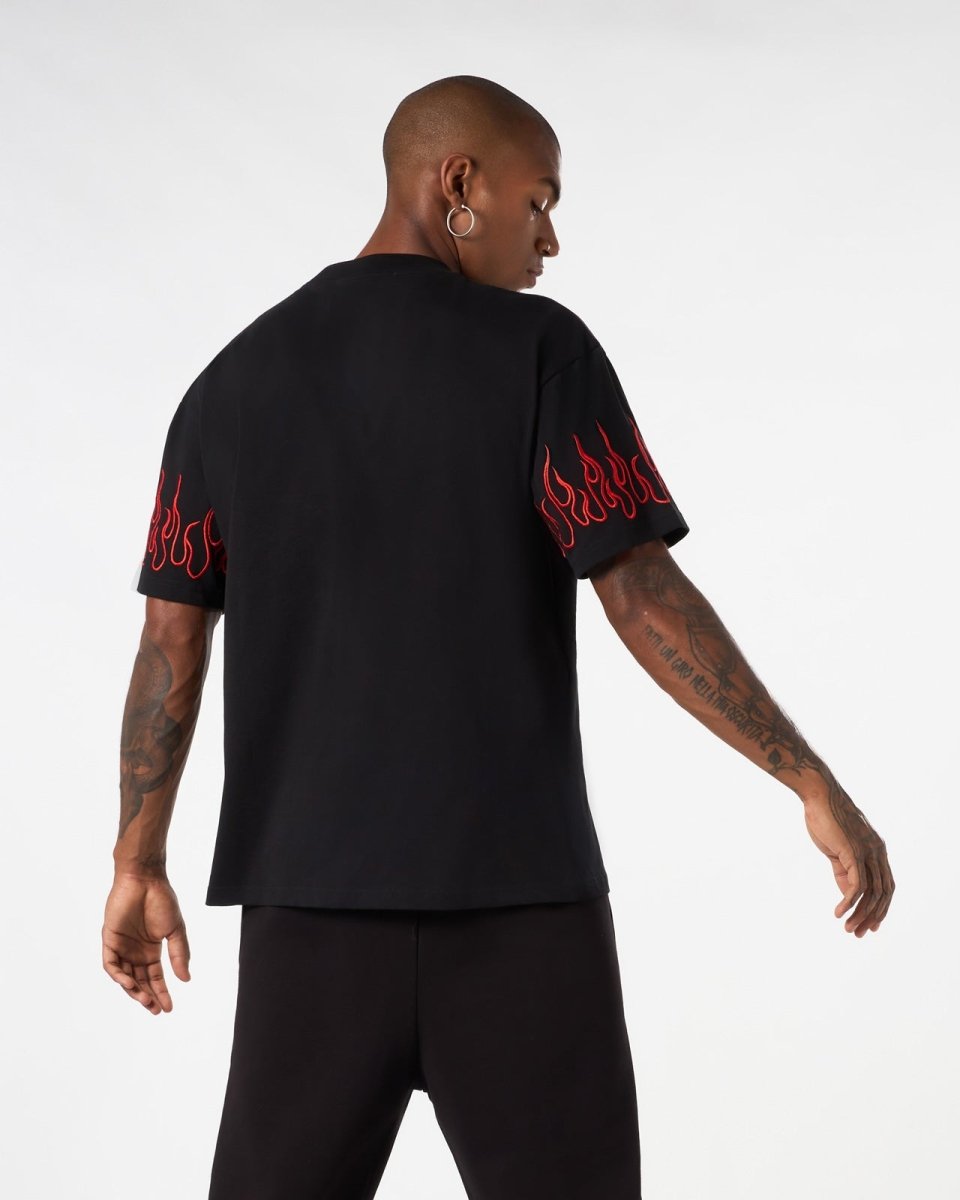 Vision Of Super BLACK T-SHIRT WITH RED EMBROIDERED FLAMES Moda