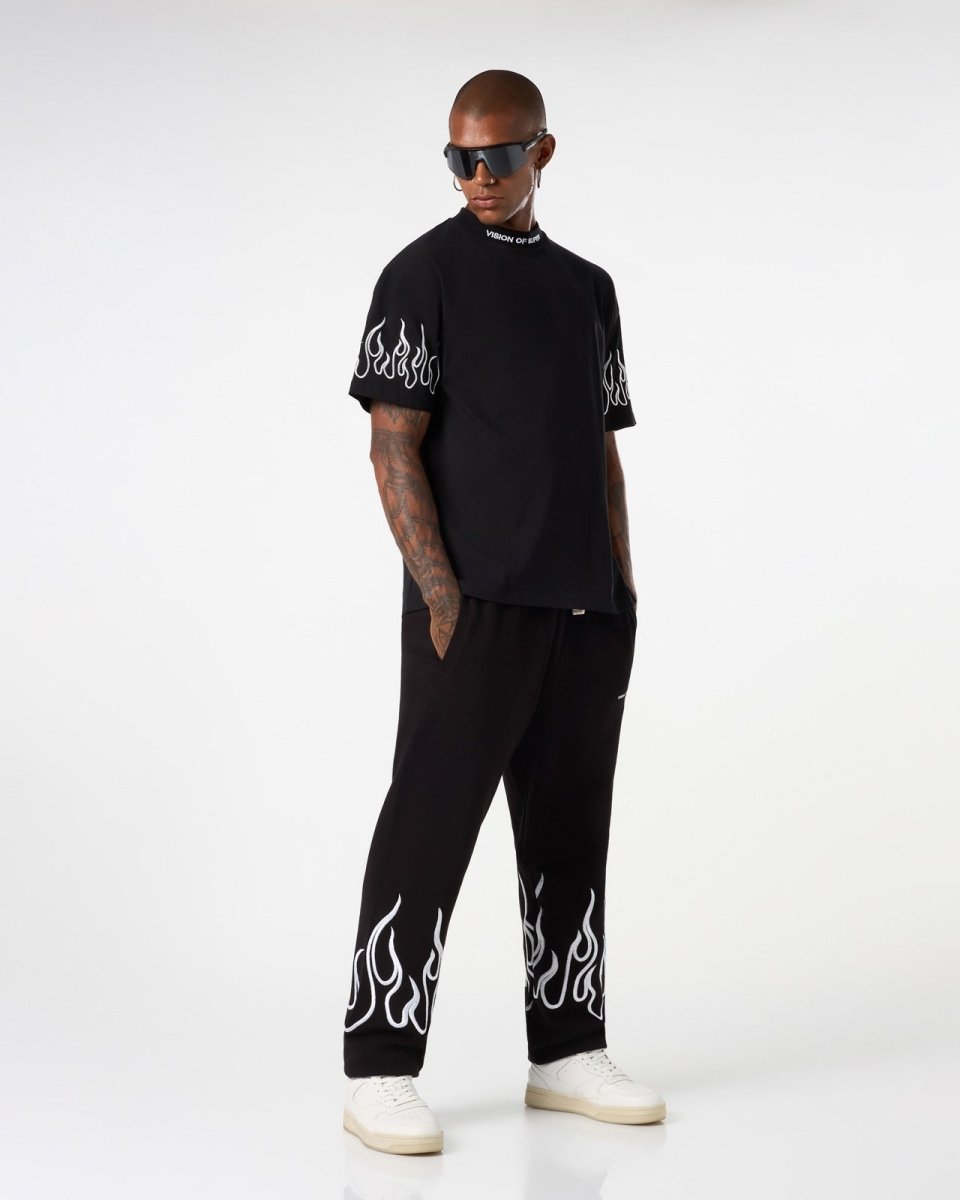 Vision Of Super BLACK T-SHIRT WITH WHITE EMBROIDERED FLAMES 2025