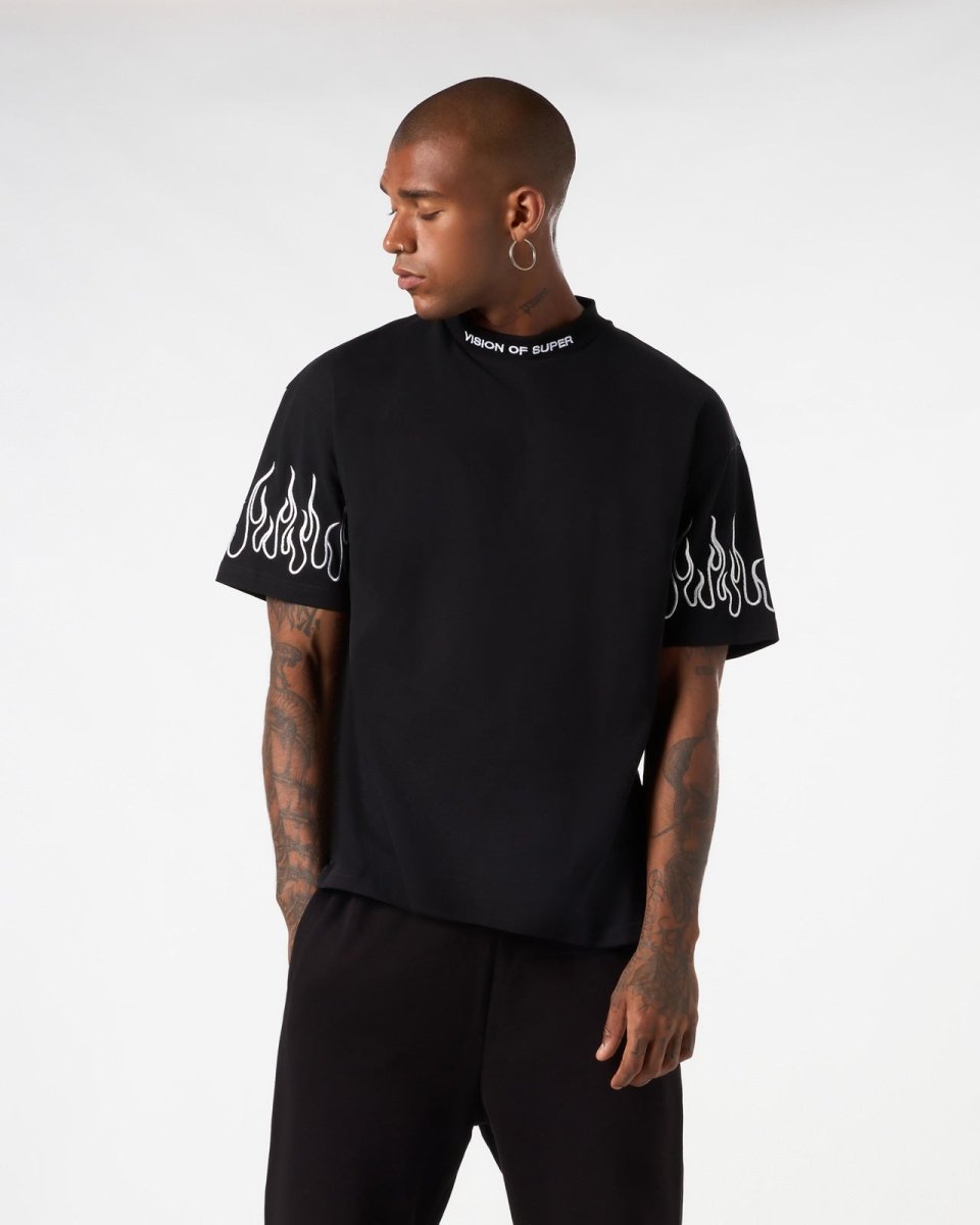 Vision Of Super BLACK T-SHIRT WITH WHITE EMBROIDERED FLAMES 2025