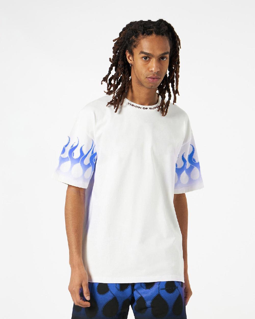 Vision Of Super WHITE T-SHIRT WITH BLUE FLAMES In Linea