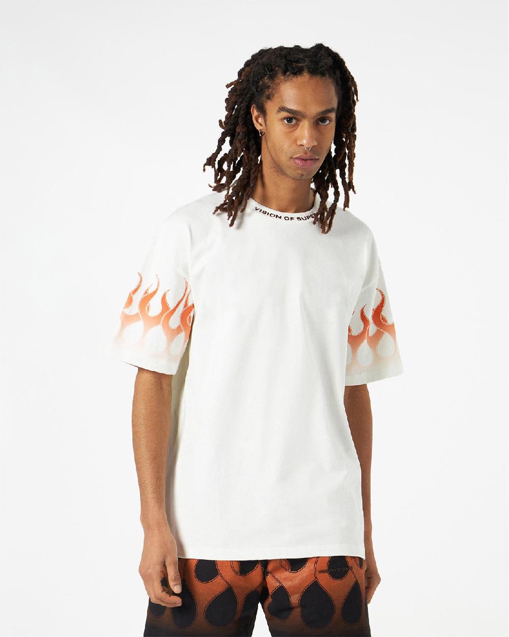 Vision Of Super WHITE T-SHIRT WITH ORANGE FLAMES Nuovo