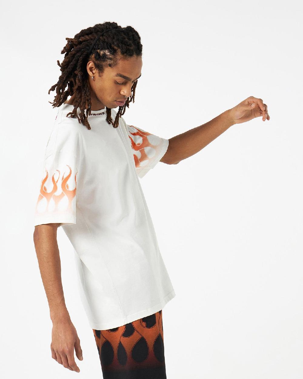 Vision Of Super WHITE T-SHIRT WITH ORANGE FLAMES Nuovo