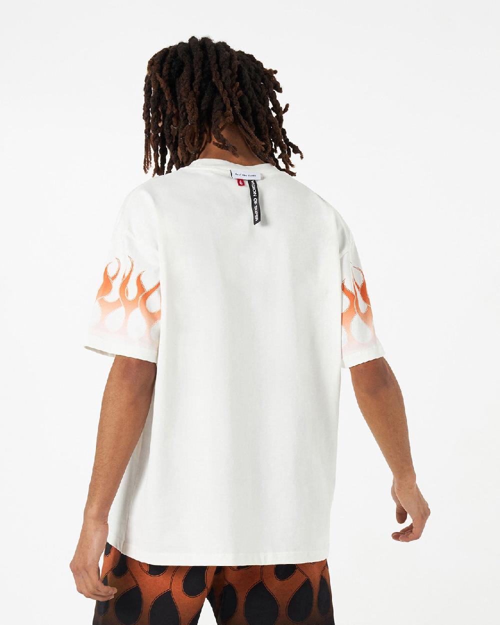 Vision Of Super WHITE T-SHIRT WITH ORANGE FLAMES Nuovo